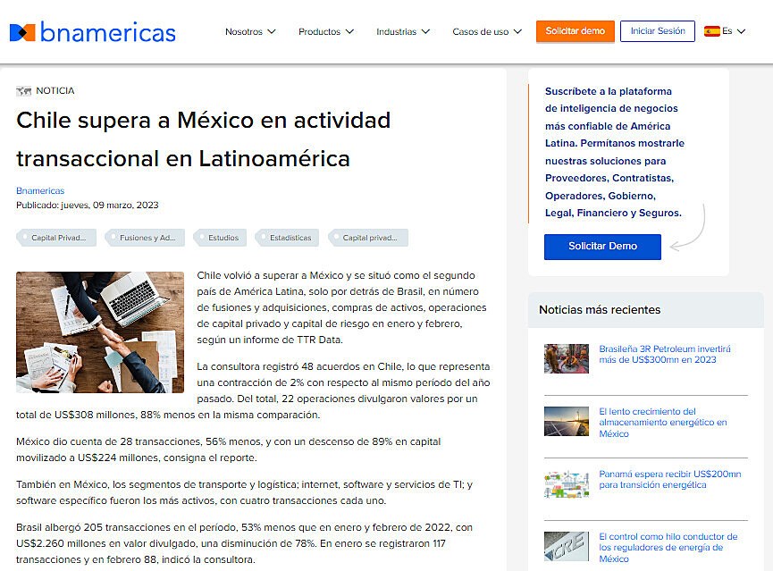 Chile supera a Mxico en actividad transaccional en Latinoamrica
